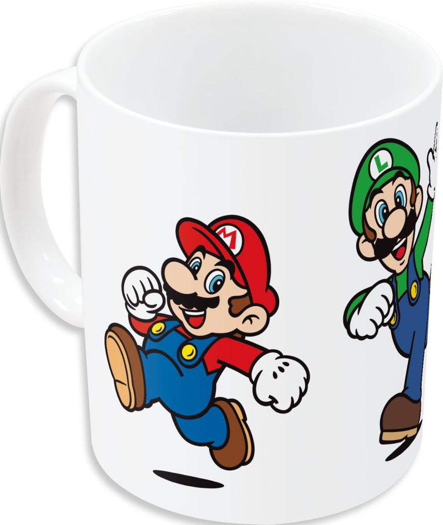 Eine weiße Tasse mit Mario- und Luigi-Zeichentrickfiguren.