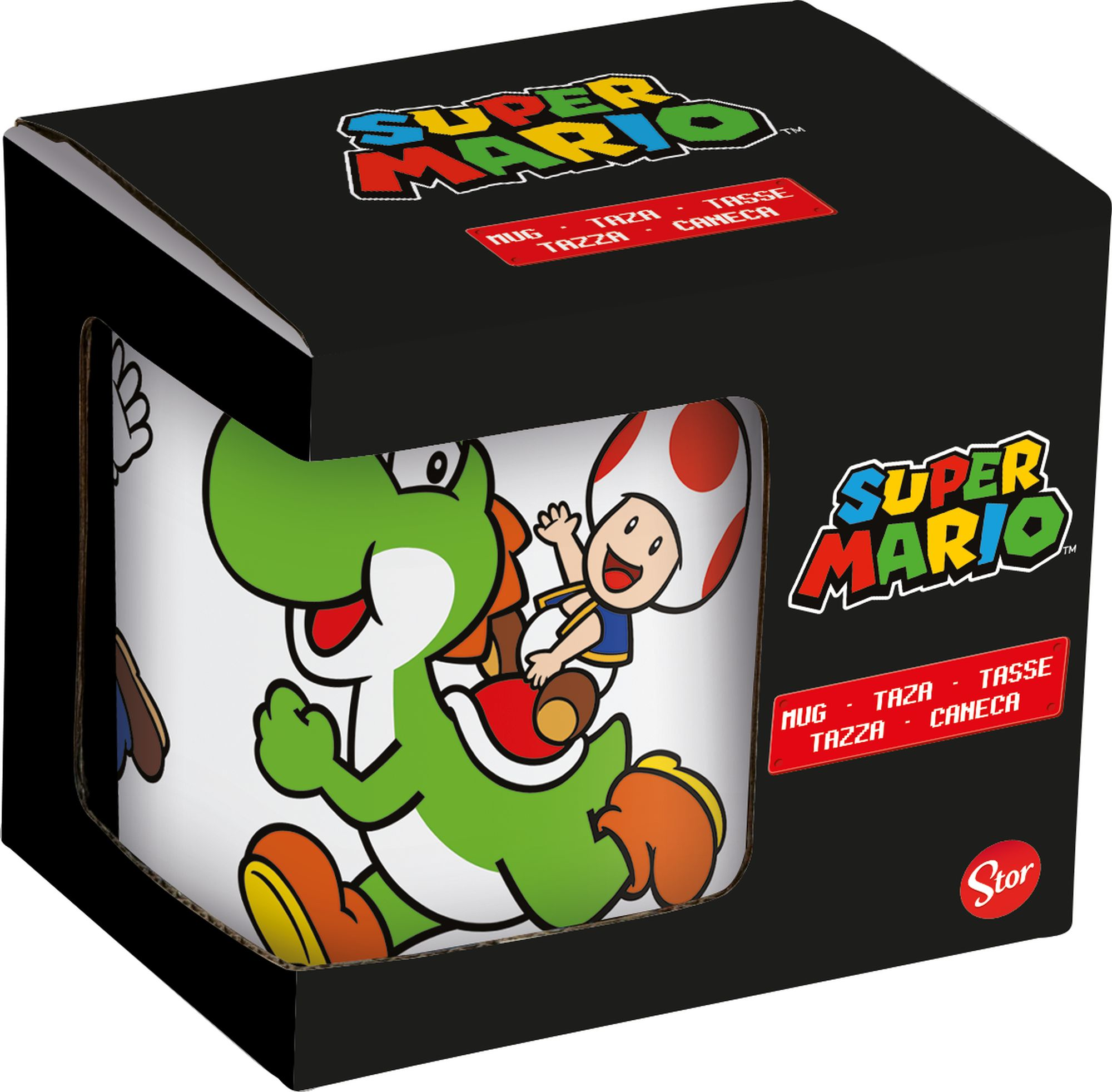Super Mario Tasse in einer Box, mit Yoshi und Toad, mit Super Mario Logo.