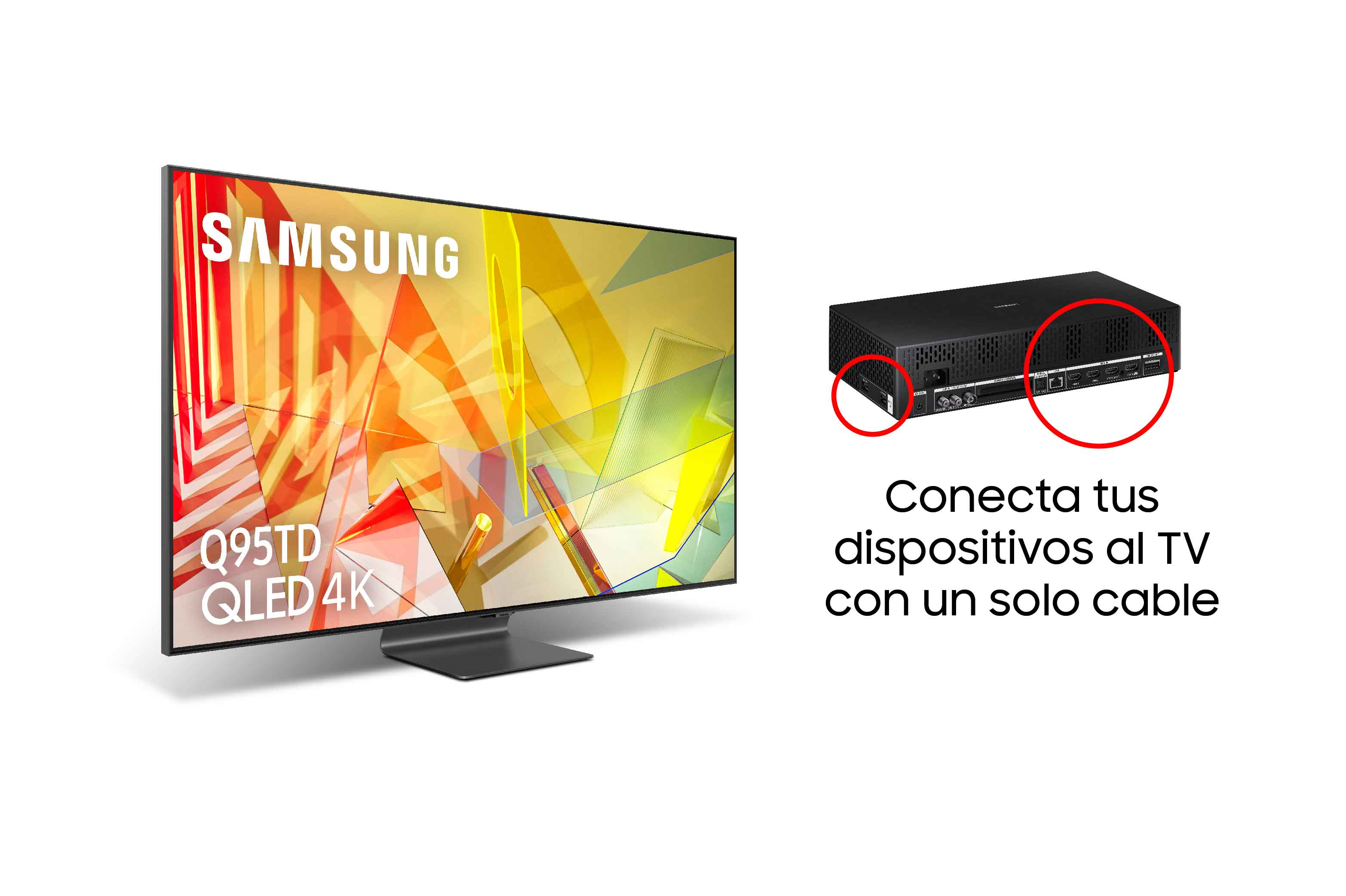 Un televisor Samsung QLED y un dispositivo negro con círculos rojos, con texto en español.