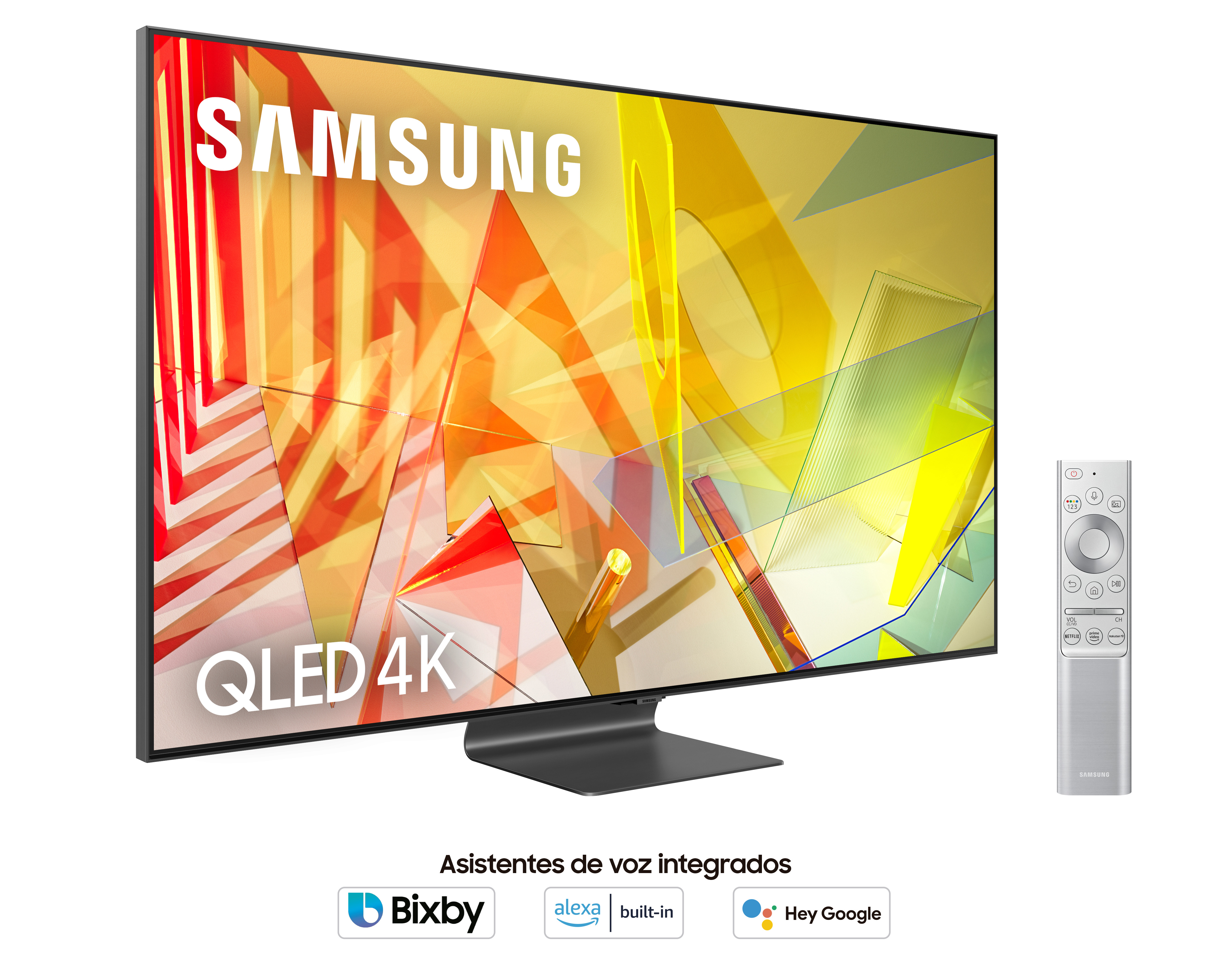 TV Samsung QLED 4K con mando a distancia. Mostrando una imagen colorida. Fondo blanco.