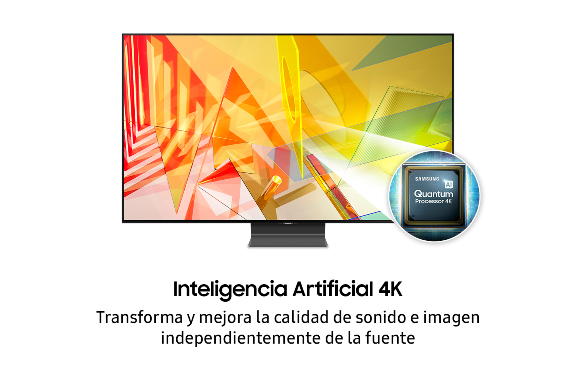 Un televisor Samsung 4K con un procesador cuántico de IA, fondo blanco, texto debajo.