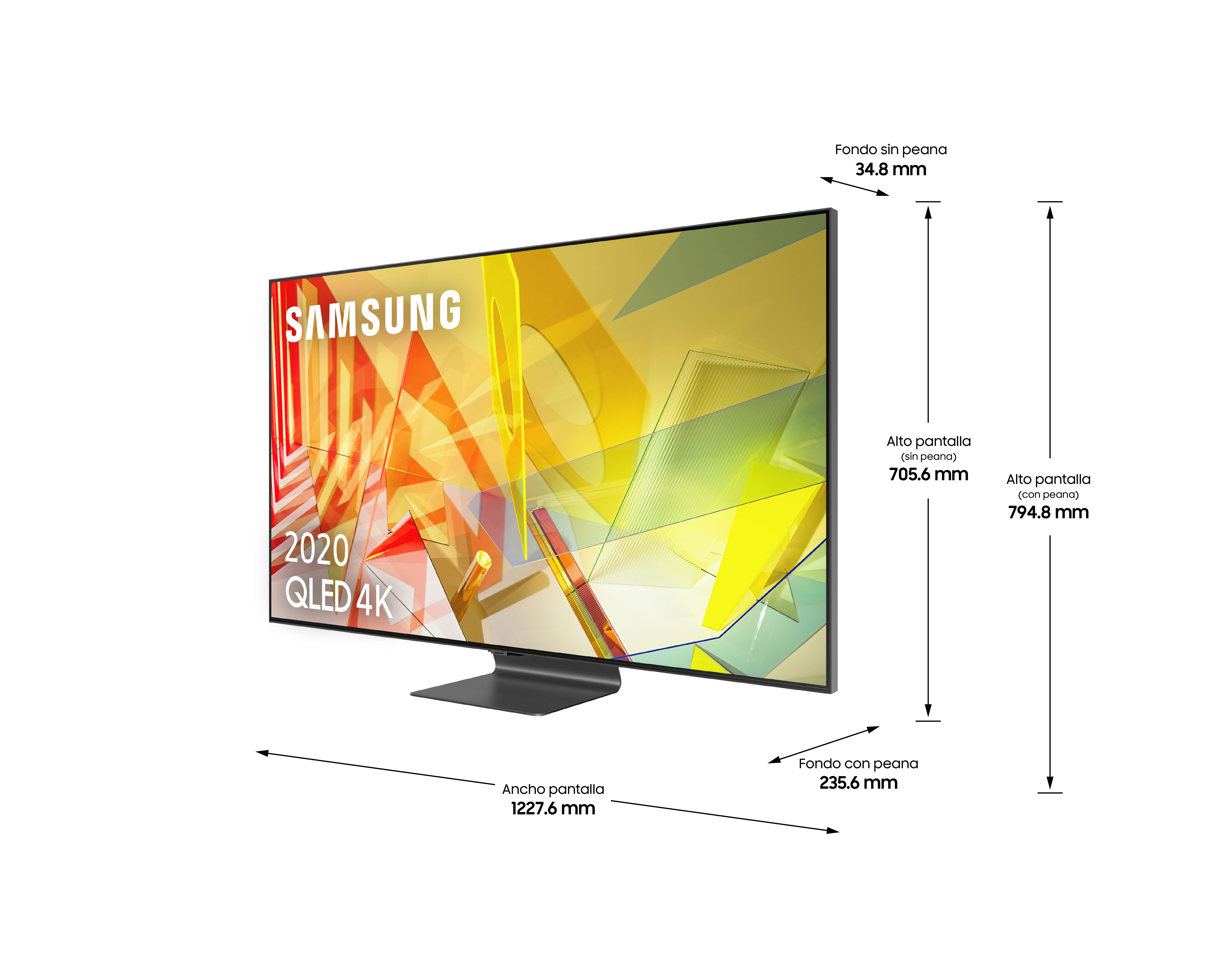 Un televisor Samsung QLED 4K con dimensiones etiquetadas en un diagrama.