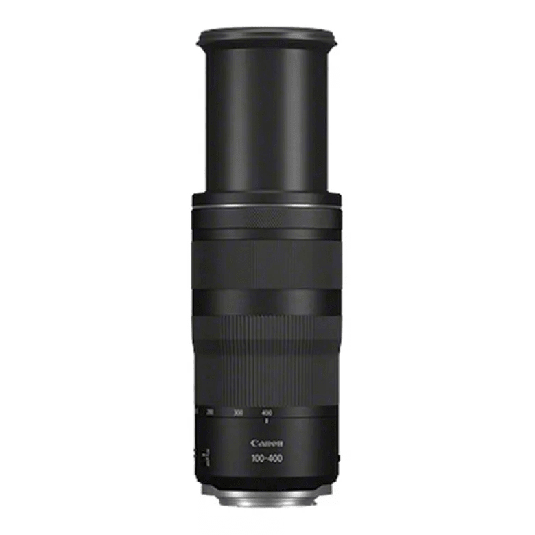 Ein schwarzes Canon-Kameraobjektiv mit zylindrischem Gehäuse. Es hat Markierungen und einen Zoomring.