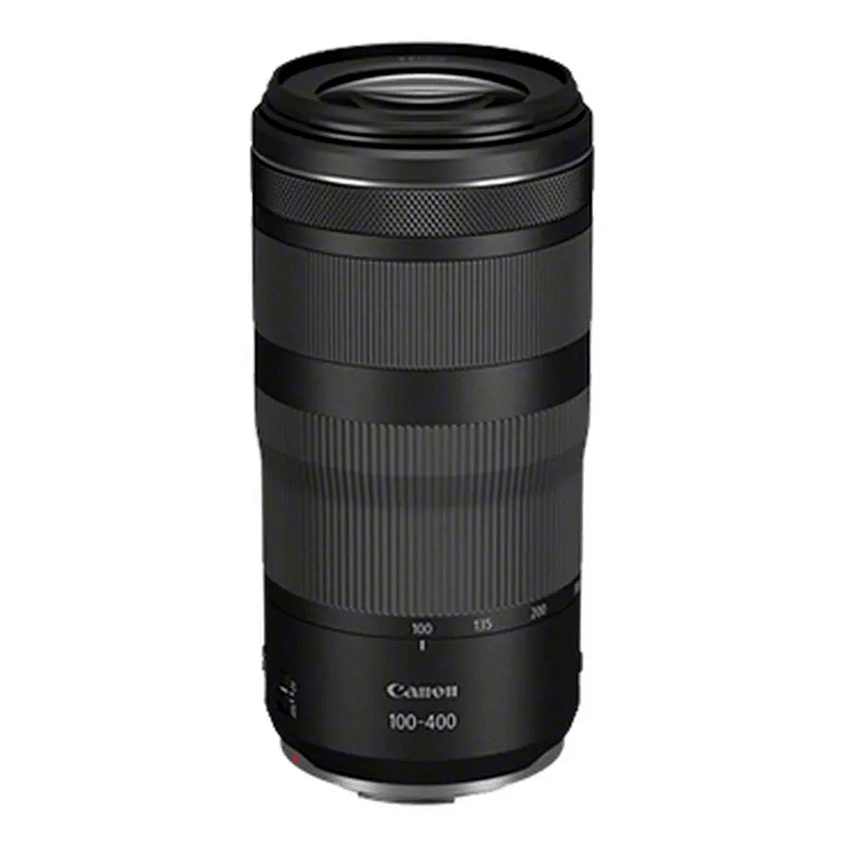 Schwarzes Canon 100-400mm Kameraobjektiv, zylindrisch geformt mit Markierungen.