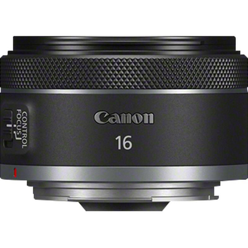 Schwarzes Canon 16mm Objektiv mit Steuerungs- und Fokuseinstellungen.