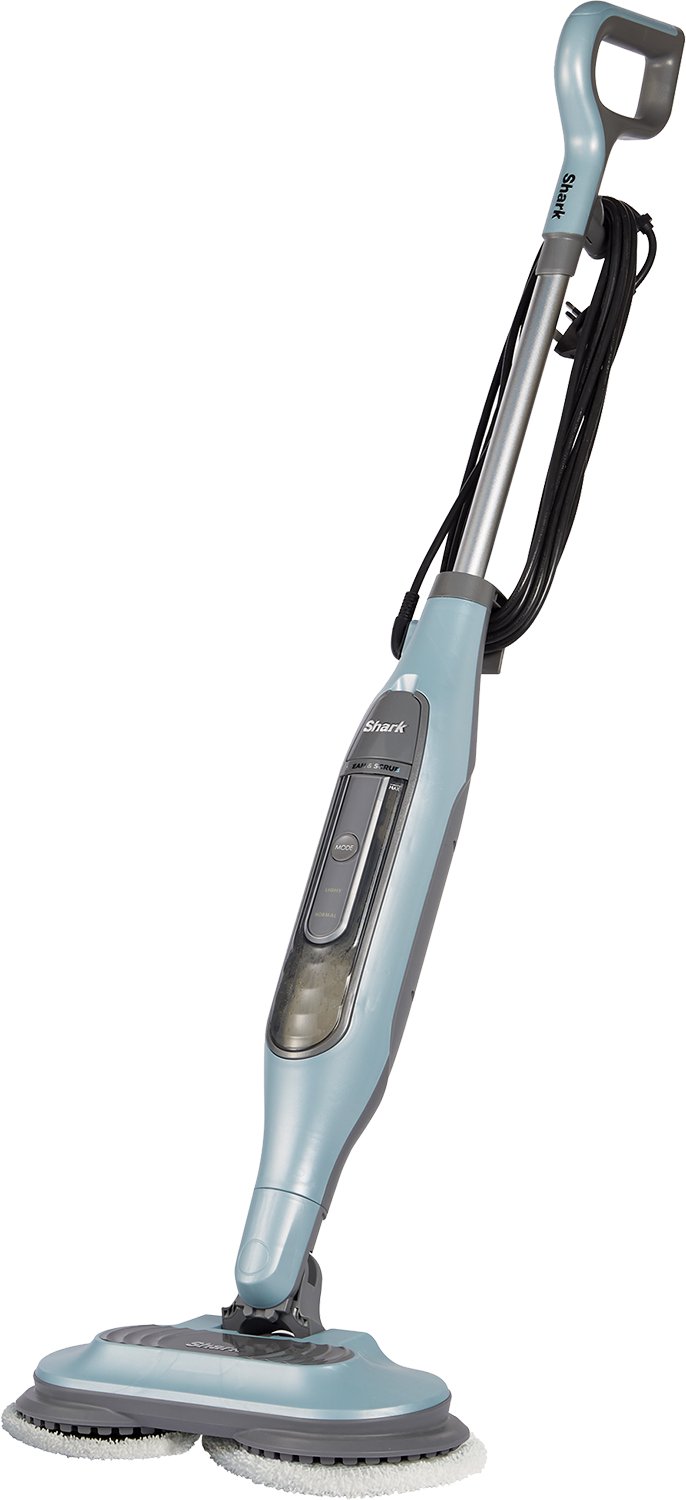 Lichtblauwe stoommop met een handvat, snoer en reinigingskoppen, schuine weergave.