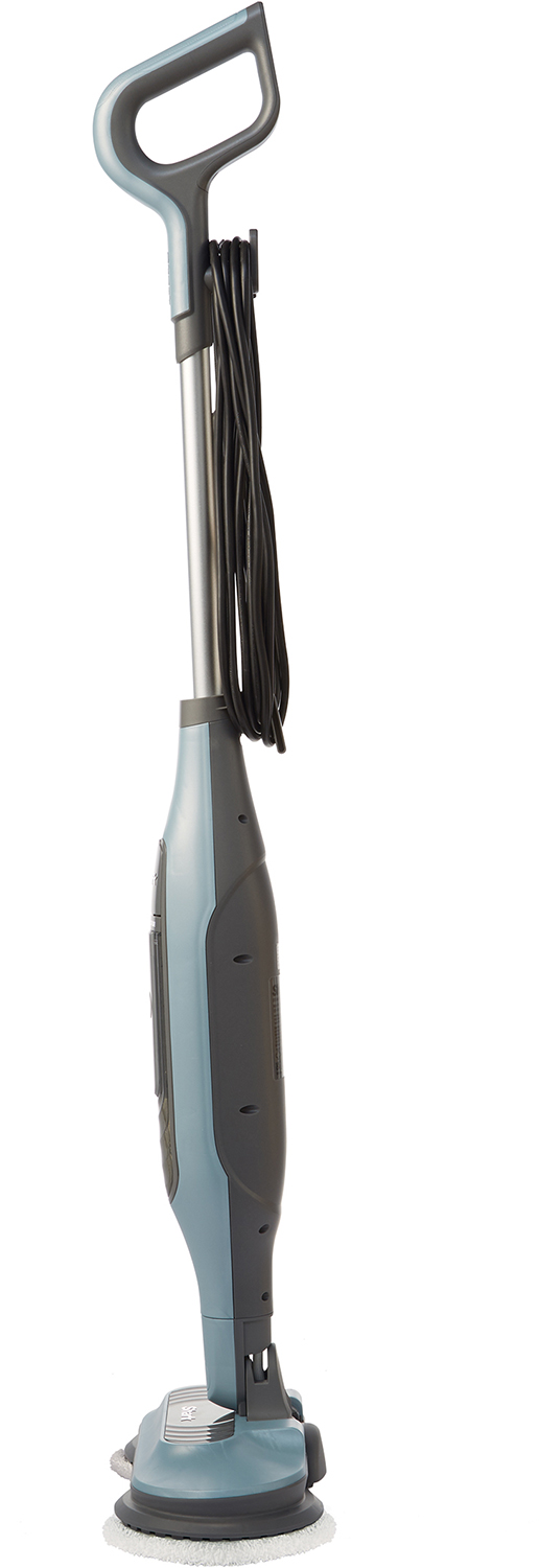 Een Shark stoommop, blauw en grijs, met een handvat en een reinigingskop.