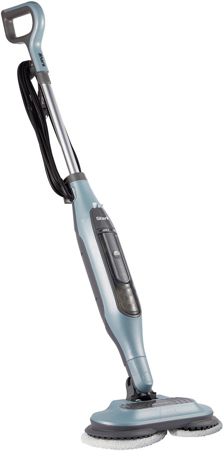 Blauwe Shark vloerreiniger met handvat en schrobpads.