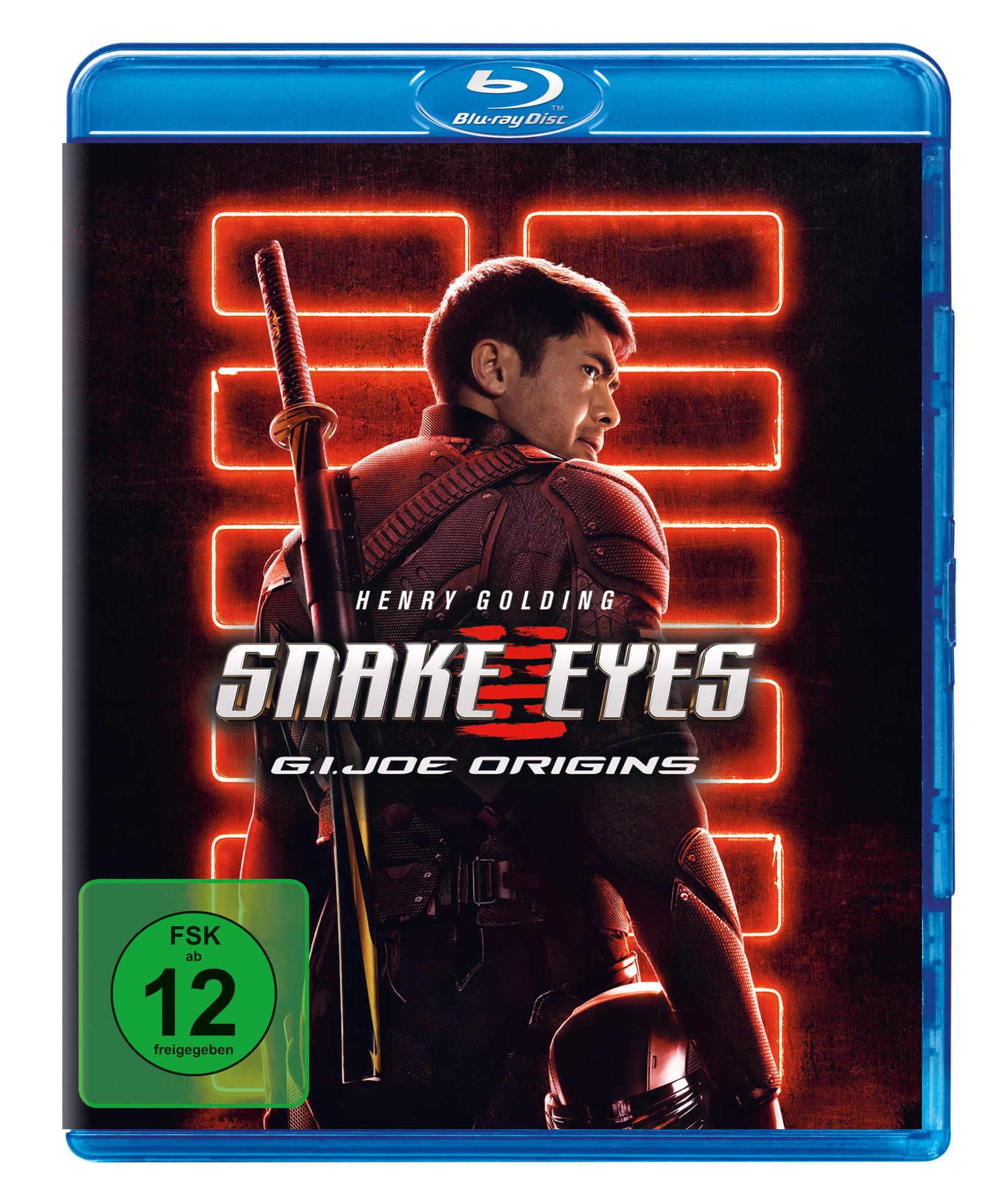 Blu-ray Disc von 'Snake Eyes'. Henry Golding ist auf dem Cover. Hellblaue Hülle. Roter Titel.