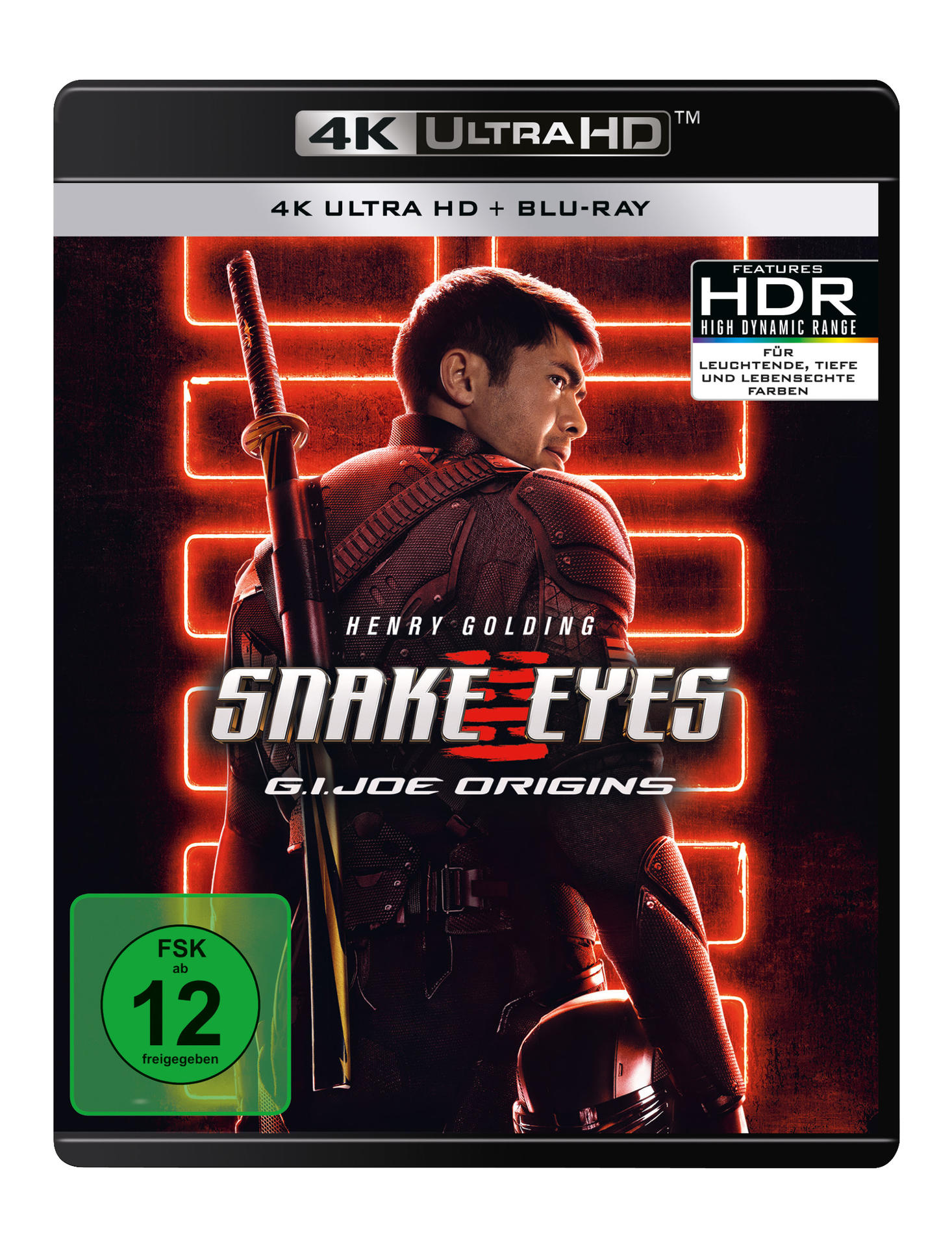Filmcover mit Henry Golding. Text: Snake Eyes. Ein Mann mit Schwert und Helm. Rote Neonlichter im Hintergrund.