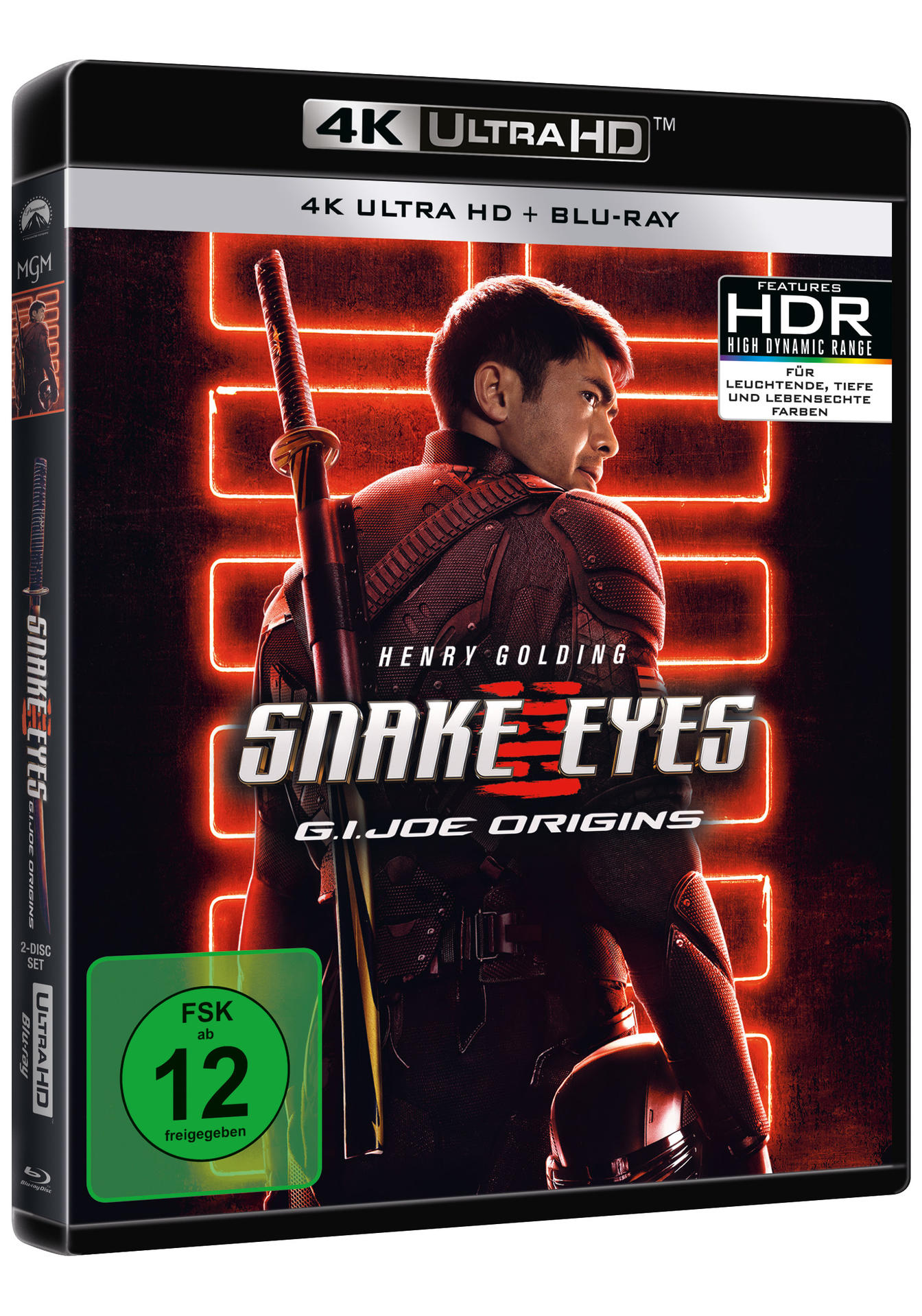 DVD-Cover: Mann mit Schwert, rote Neonlichter, "Snake Eyes"-Titel.
