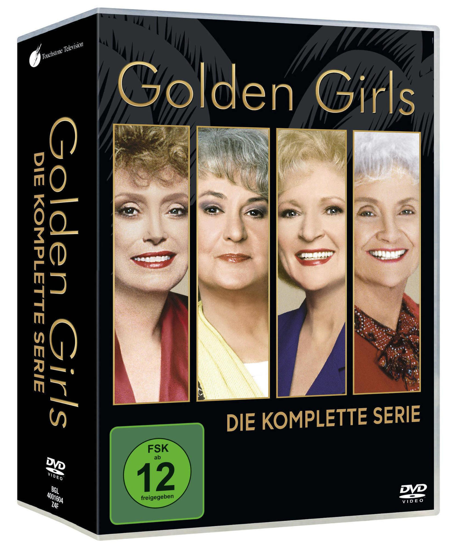 Golden Girls DVD-Box-Set mit Gesichtern von vier Frauen, schwarzem Hintergrund und DVD-Logo.