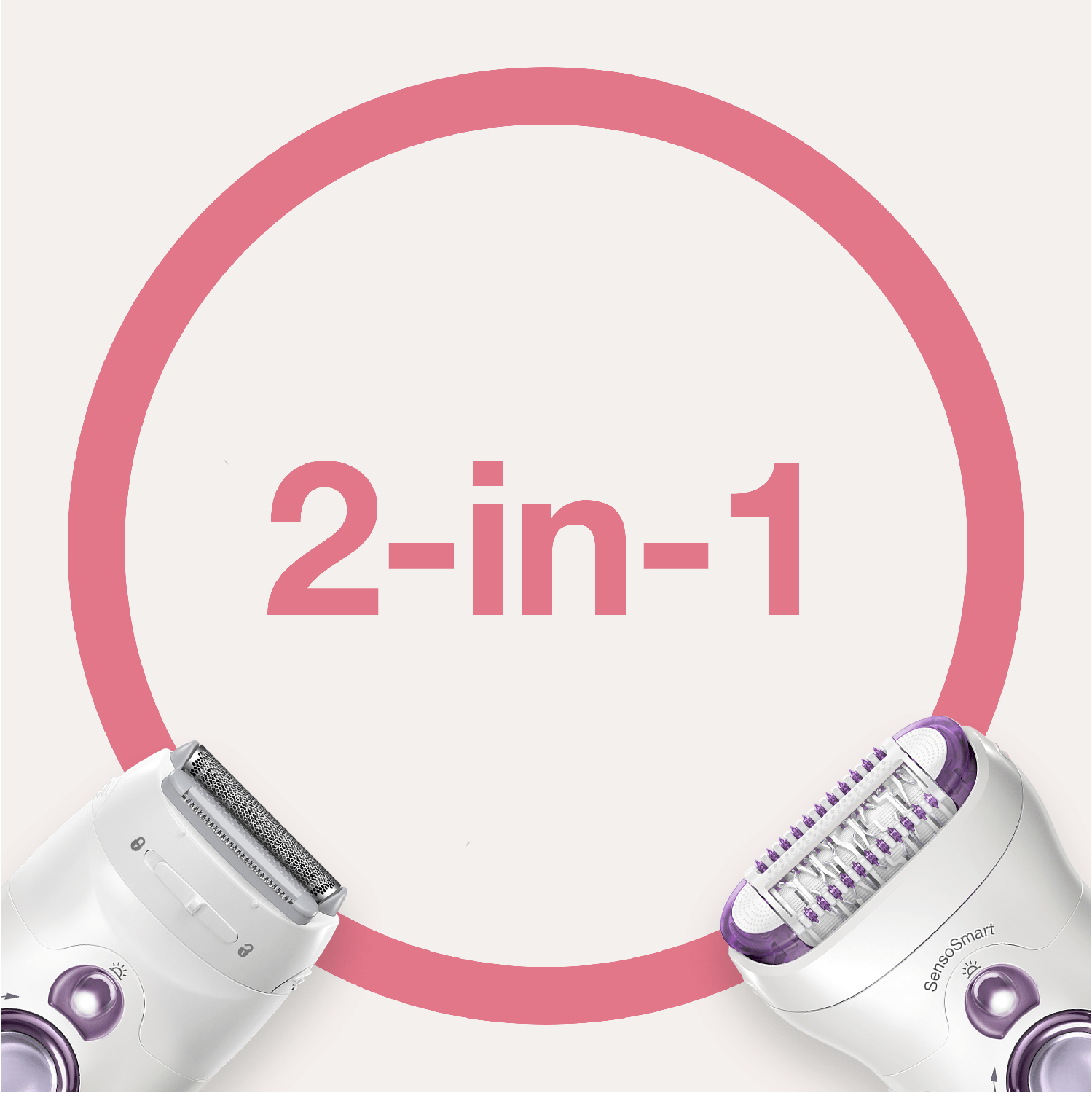 Een afbeelding van twee elektrische scheerapparaten en een roze cirkel met de woorden '2-in-1' in het midden.