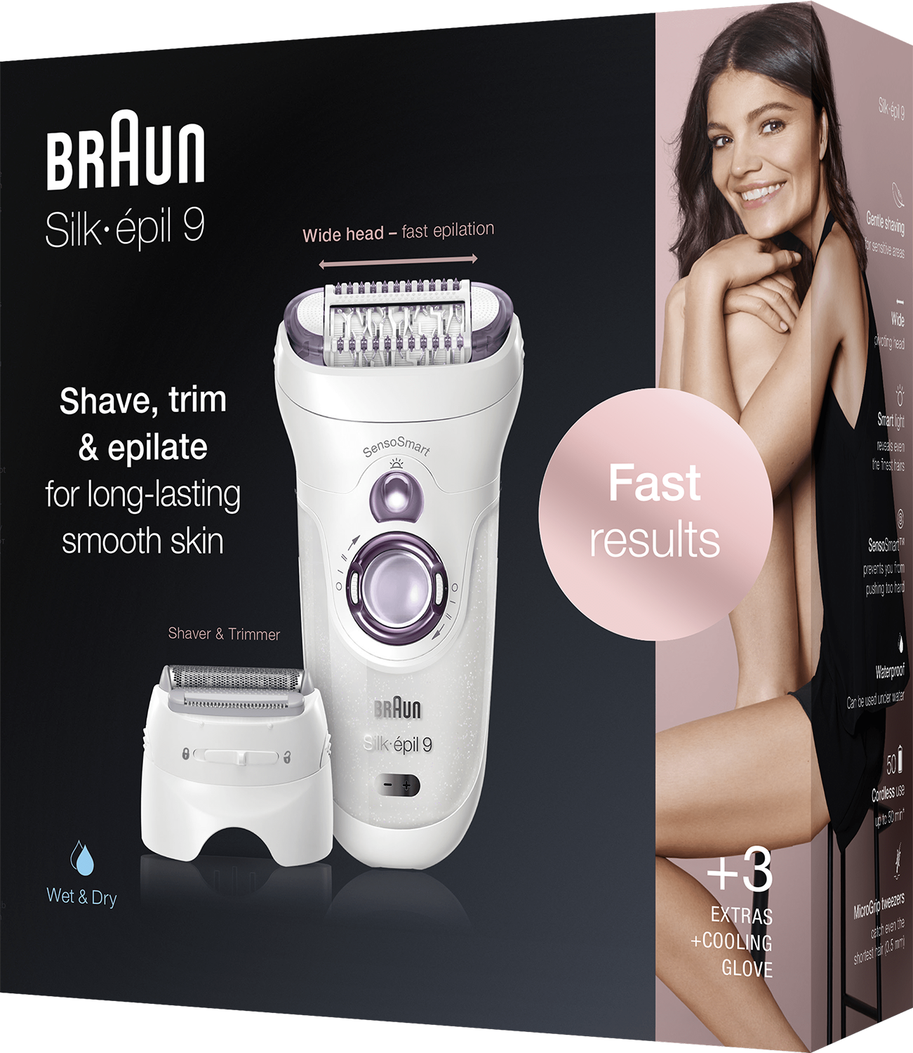 Braun Silk-épil 9 epilator met doos, toont het product en het lichaam van een vrouw.