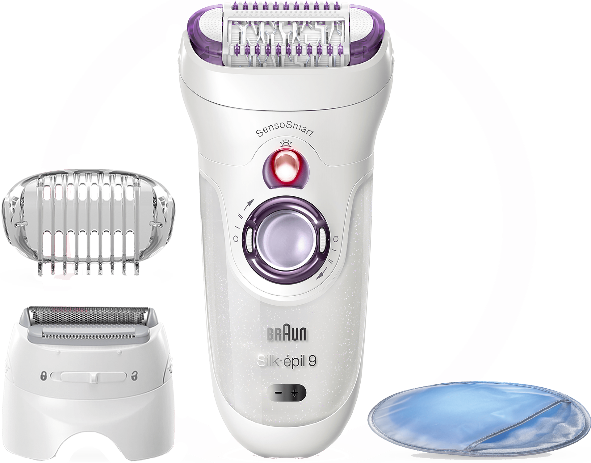 Braun Silk-épil 9 epilator met opzetstukken en een blauw koelpad.