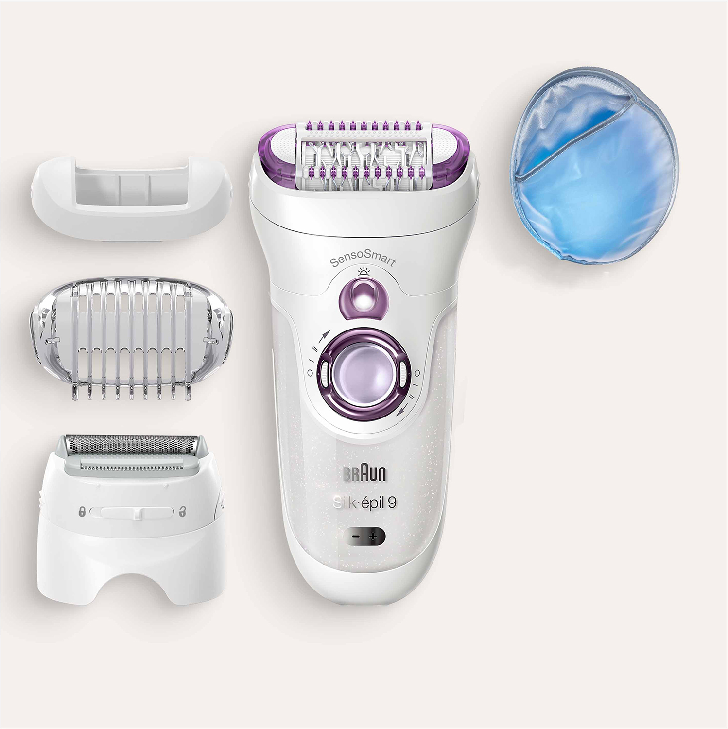 Witte Braun Silk-épil 9 epilator met opzetstukken en een blauw zakje.