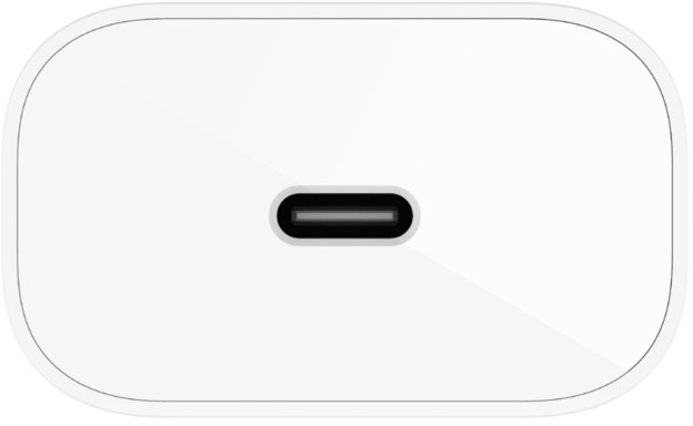 Chargeur rectangulaire blanc avec port USB-C.