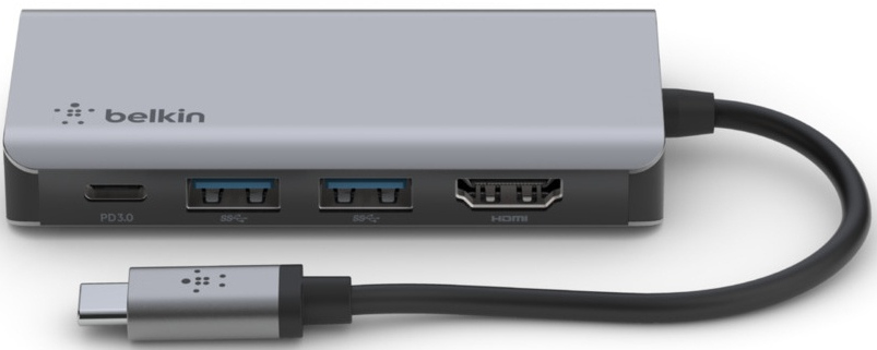 Hub argenté avec ports et un câble USB-C. Il a des ports PD3.0, USB et HDMI.