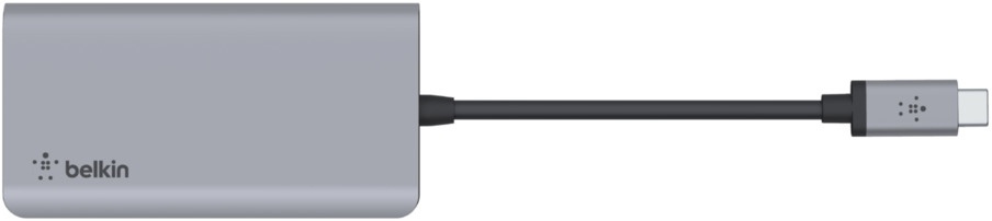 Un hub USB-C argenté avec un câble noir et un connecteur USB-C.