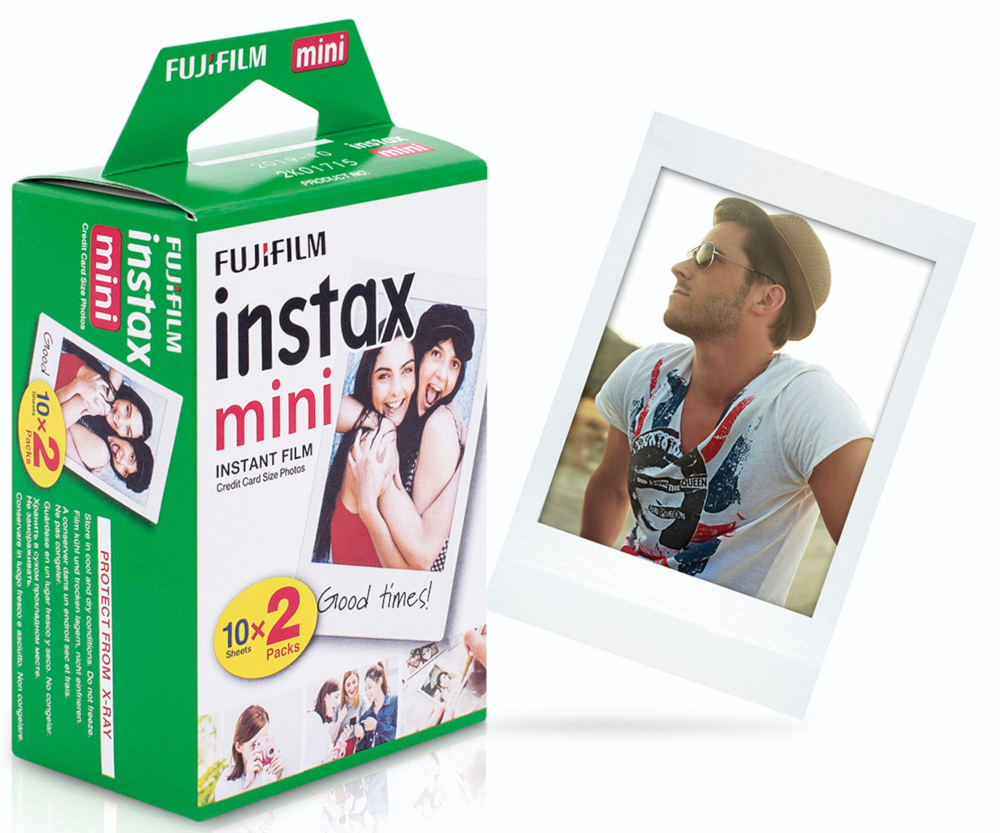 Green Fujifilm Instax mini film box with a photo of a man and film sheets.