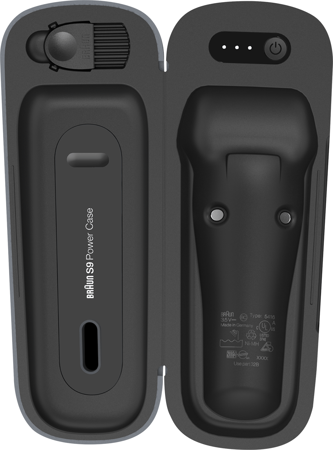 Opened black Braun S9 Power Case, with shaver and accessories inside. Background is plain.