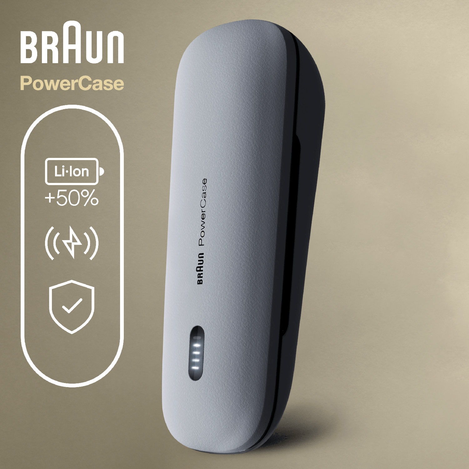 A gray and black Braun PowerCase with a battery icon and text.