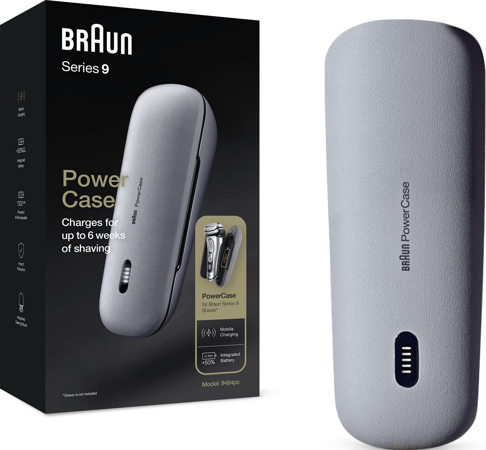 Braun Series 9 PowerCase product box and case. The box shows a shaver and text.