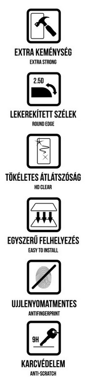 Ikonok, amelyek extra erősséget, kerek szélt, HD tisztaságot, könnyű telepítést, ujjlenyomat-mentességet, karcmentességet mutatnak.