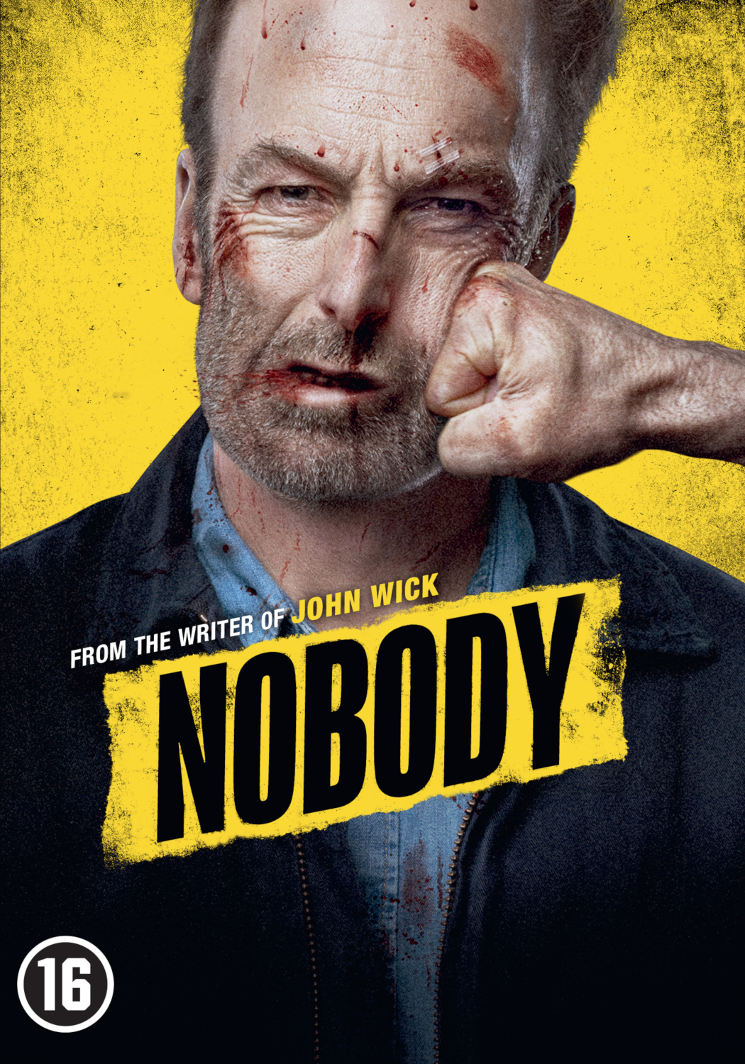 Affiche du film Nobody. Un homme est frappé au visage. Le titre est Nobody, et l'écrivain de John Wick.
