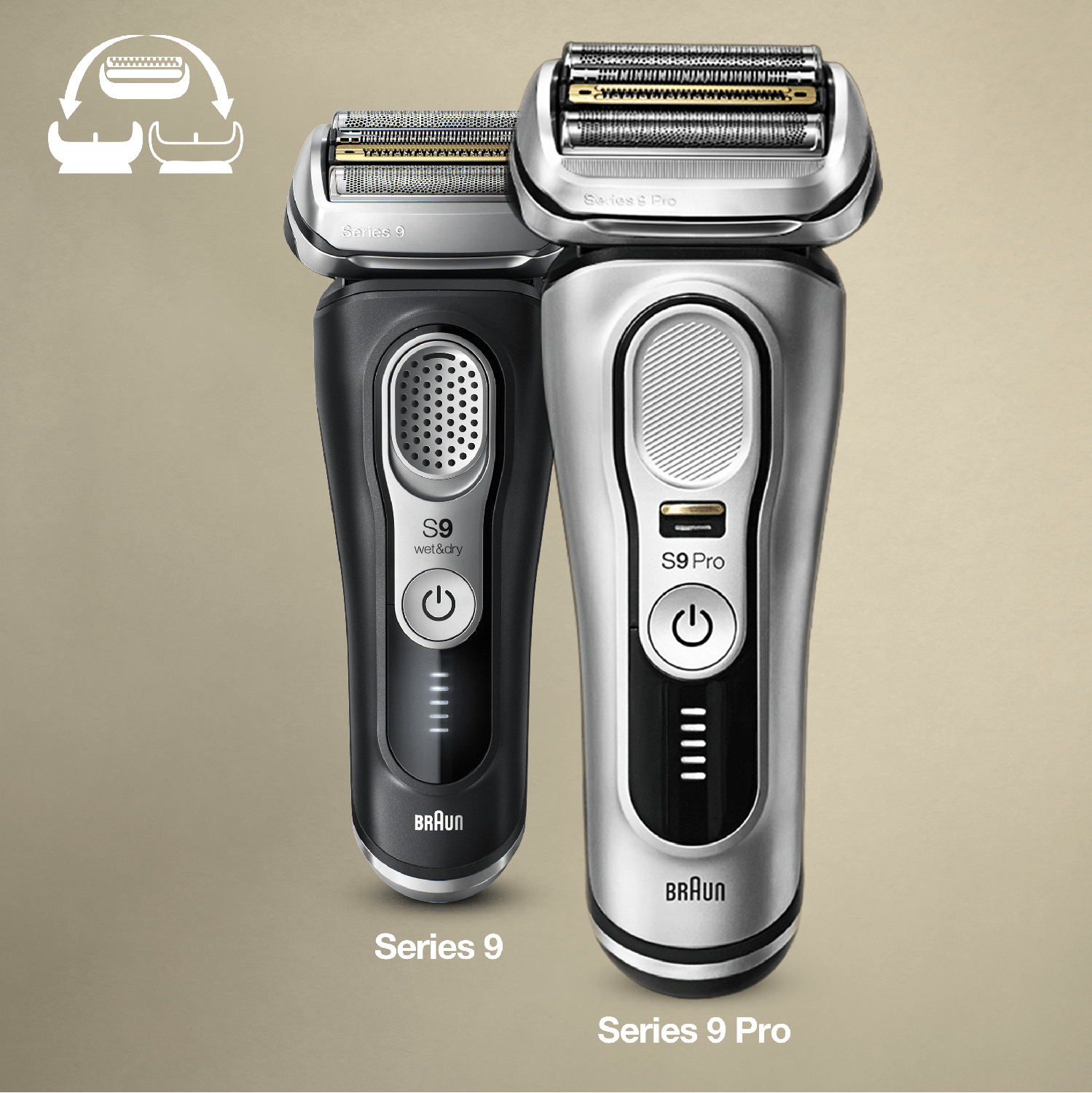 Two electric shavers. One black, one silver. Both have power buttons and indicator lights.