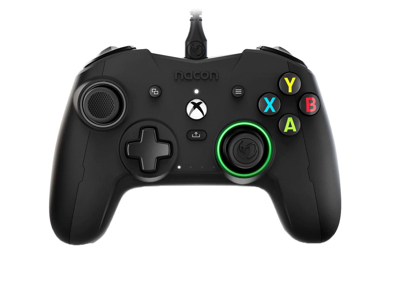 Zwarte Nacon Xbox controller met gekleurde knoppen. Wit Xbox logo in het midden.