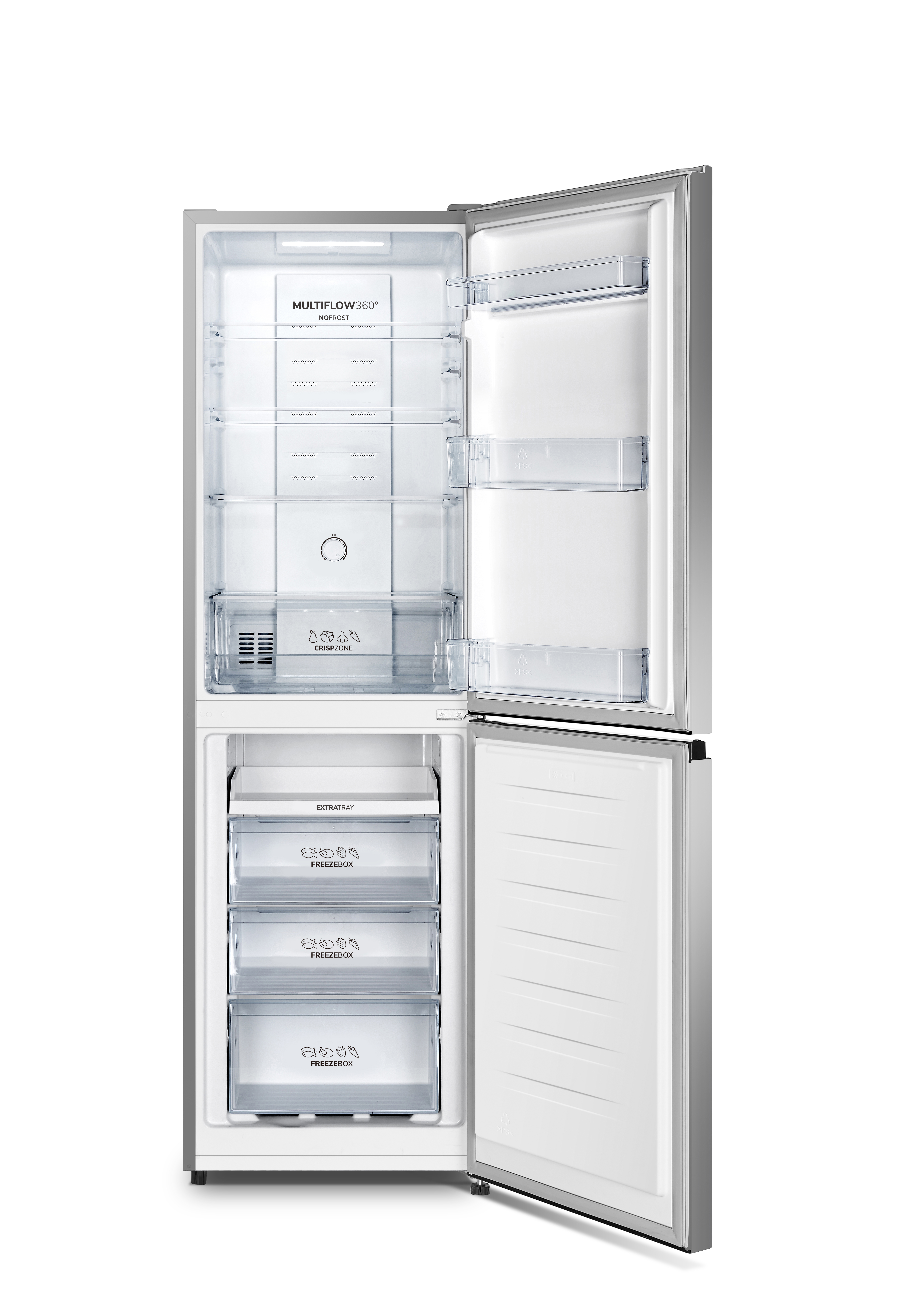 Offener Kühlschrank mit Regalen, gefüllt mit transparenten Behältern. Silberner Rahmen.