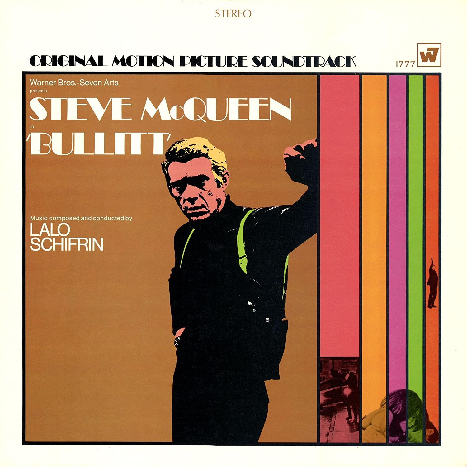 Steve McQueen a Bullitt album borítóján. A poszteren Steve McQueen fotója látható. Színes csíkok.