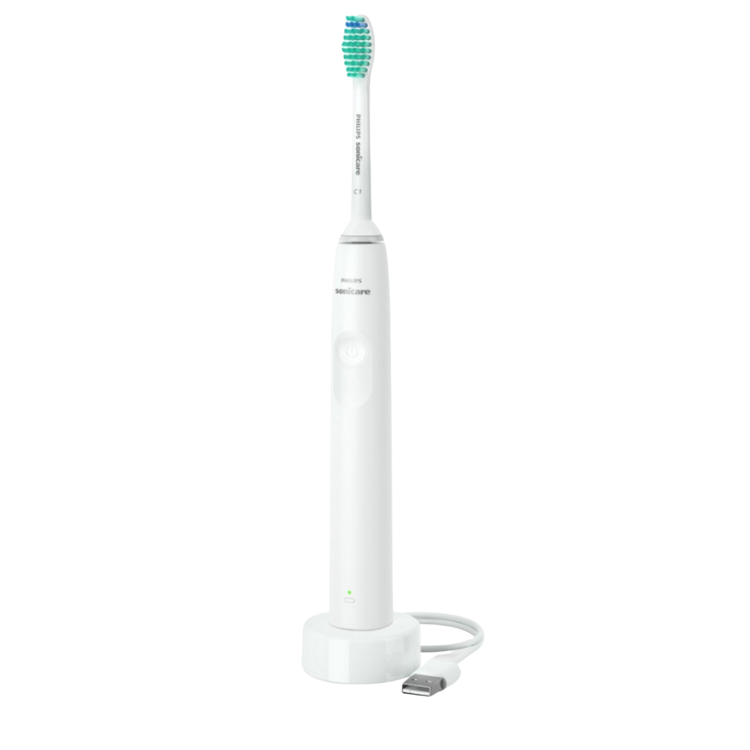 Un cepillo de dientes eléctrico blanco en su base de carga sobre un fondo negro.