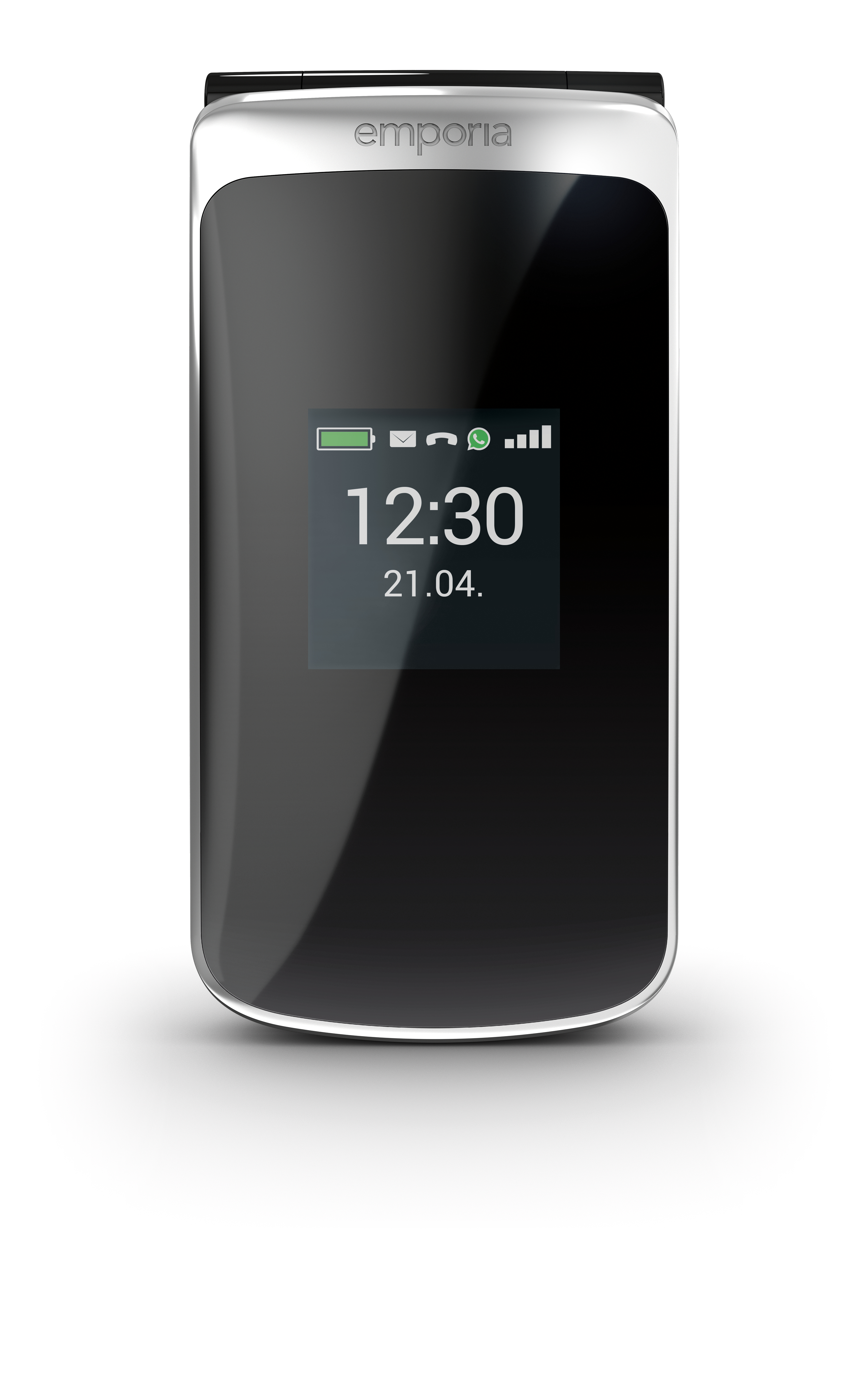 Emporia Klapphandy, schwarzer Bildschirm mit Uhrzeit und Batterie.