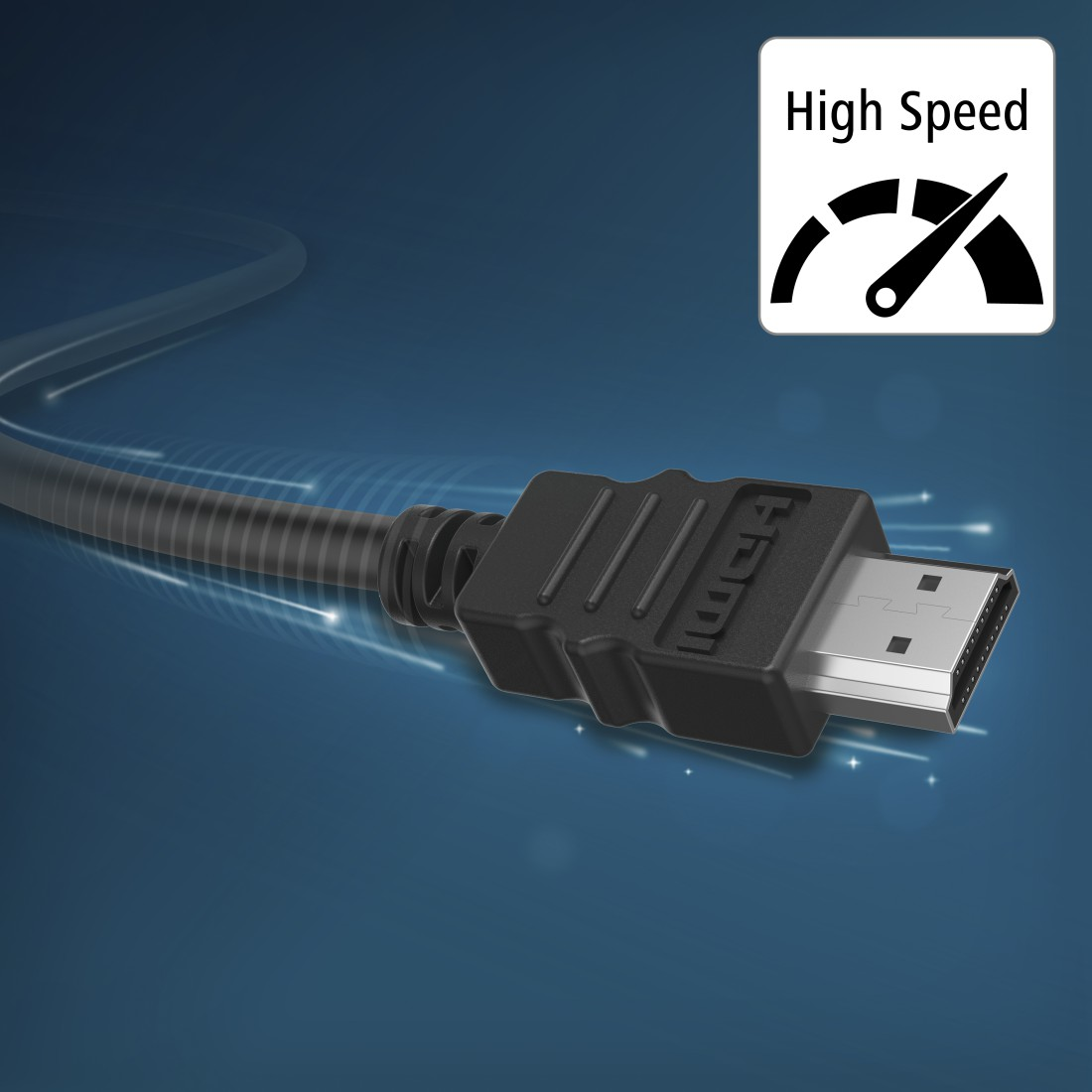 Schwarzes HDMI-Kabel mit Stecker. Eine Geschwindigkeitsanzeige ist im Hintergrund sichtbar.