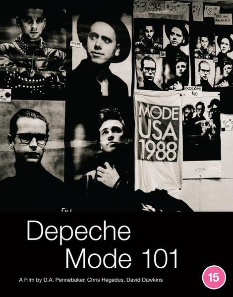 Depeche Mode 101 filmplakát. Fekete-fehér képek, a zenekar tagjai és koncertfotók. Fehér szöveg feketén.