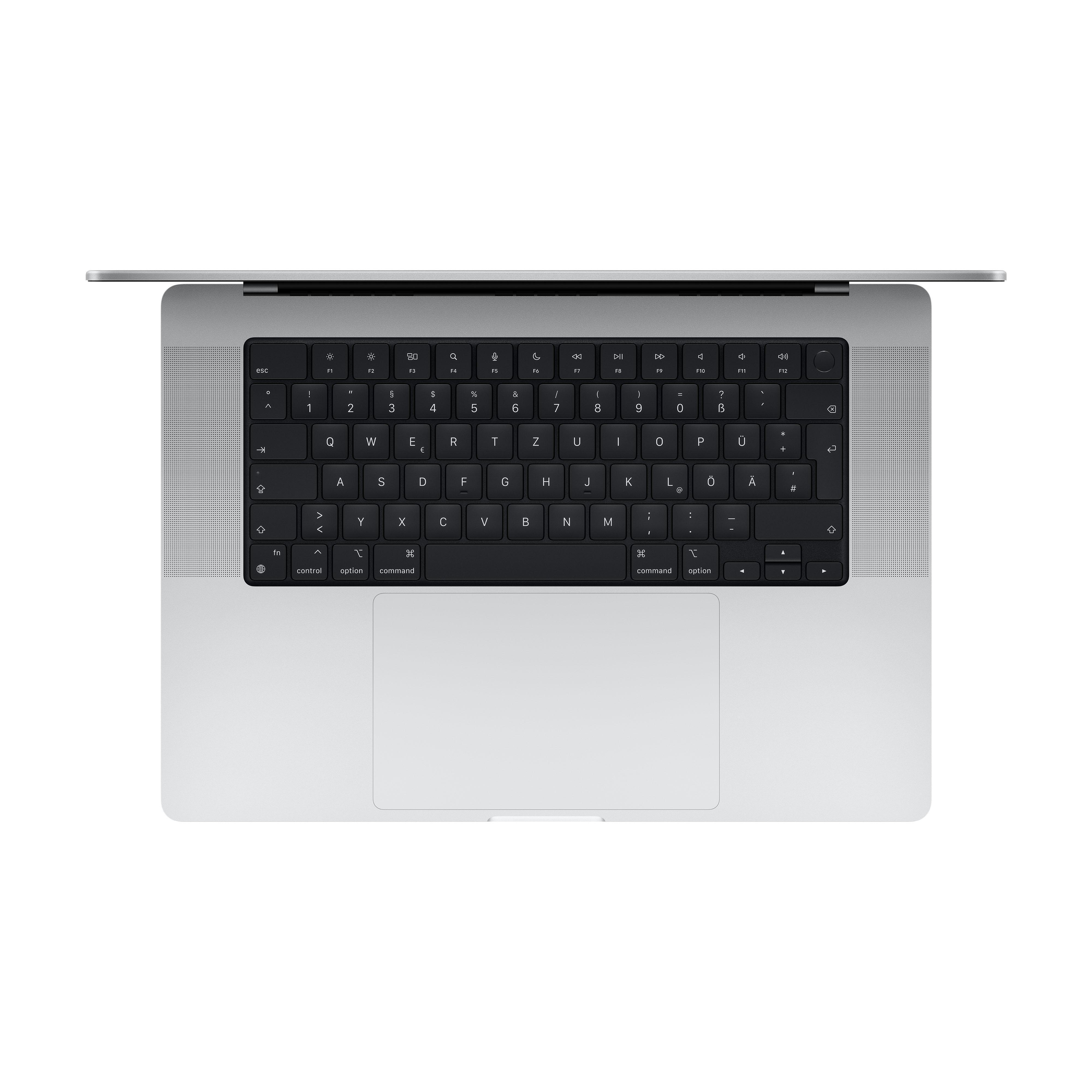 Eine Draufsicht auf ein MacBook-Laptop mit schwarzer Tastatur und silbernem Gehäuse.