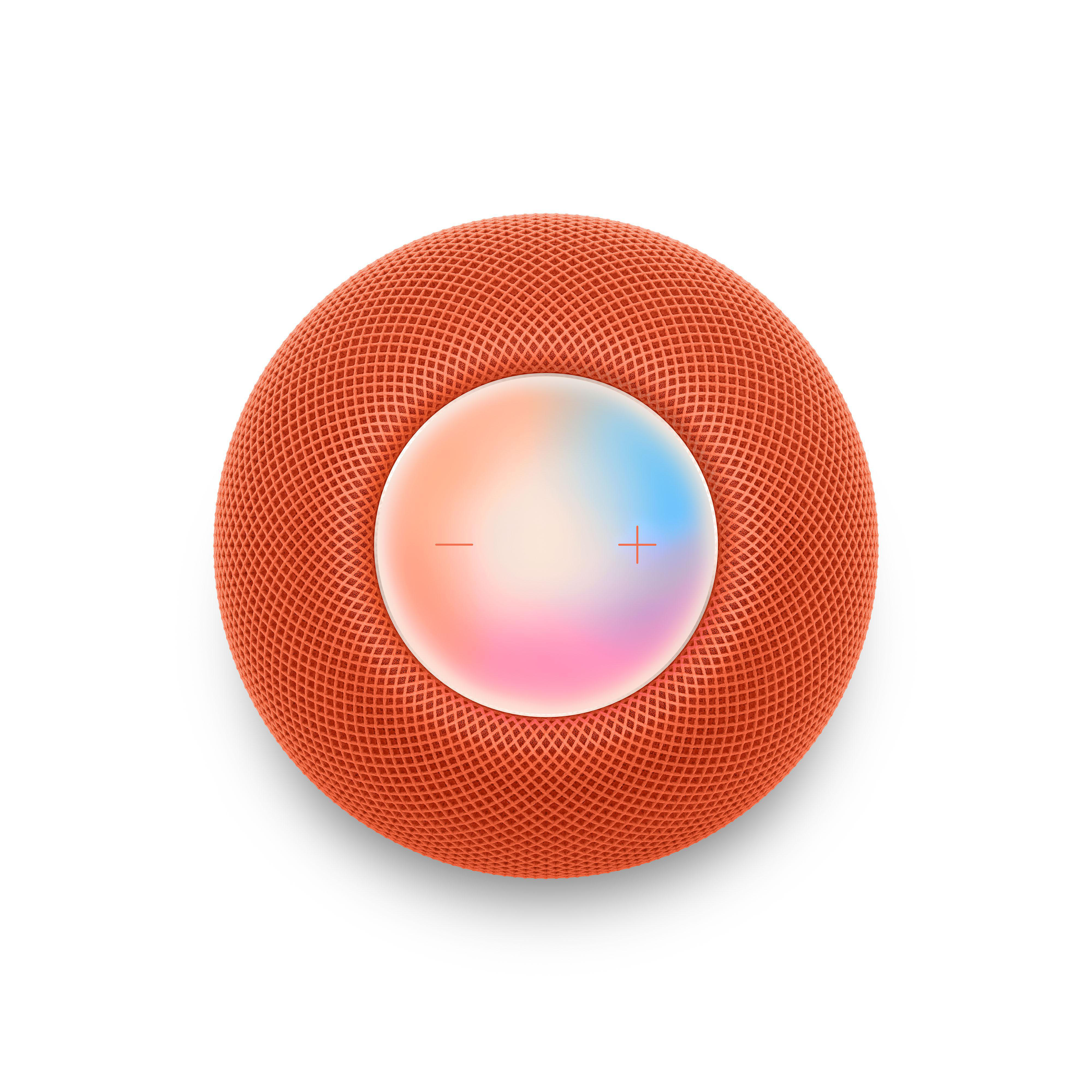 Oranger HomePod Mini auf weißem Hintergrund, Draufsicht. Hat eine Touch-Oberfläche.