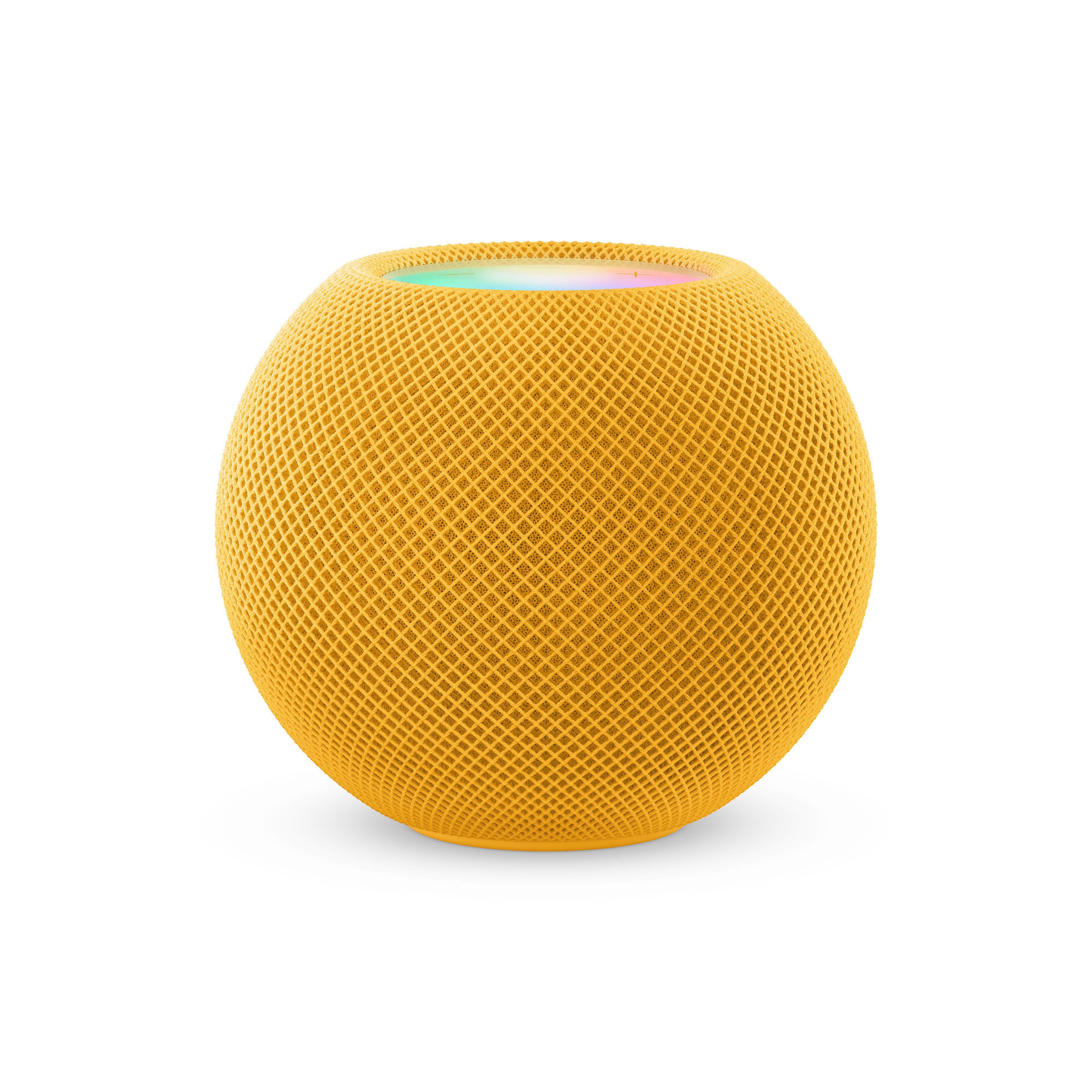 Gelber Apple HomePod mini. Die Oberseite leuchtet in mehreren Farben.