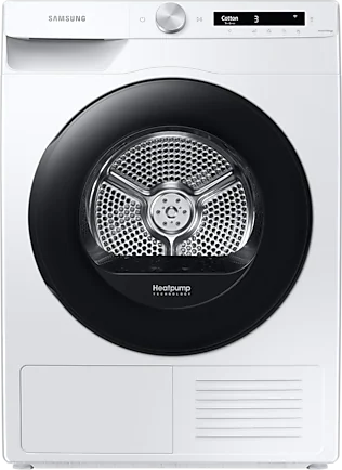 Een witte Samsung droger. Hij is gesloten, met een zwarte deur. Het bedieningspaneel zit bovenop.