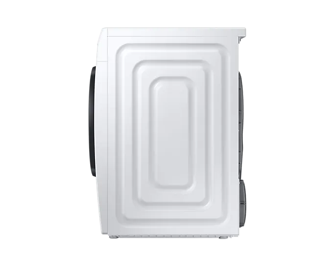 Witte wasmachine, achteraanzicht. De machine is wit. De achtergrond is zwart.