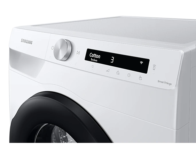 Wit wasmachine bedieningspaneel, wascyclus en instellingen tonend.