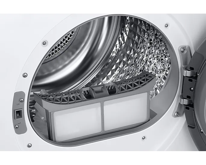 Open witte drogerdeur met filter en interieur, schoon en modern.