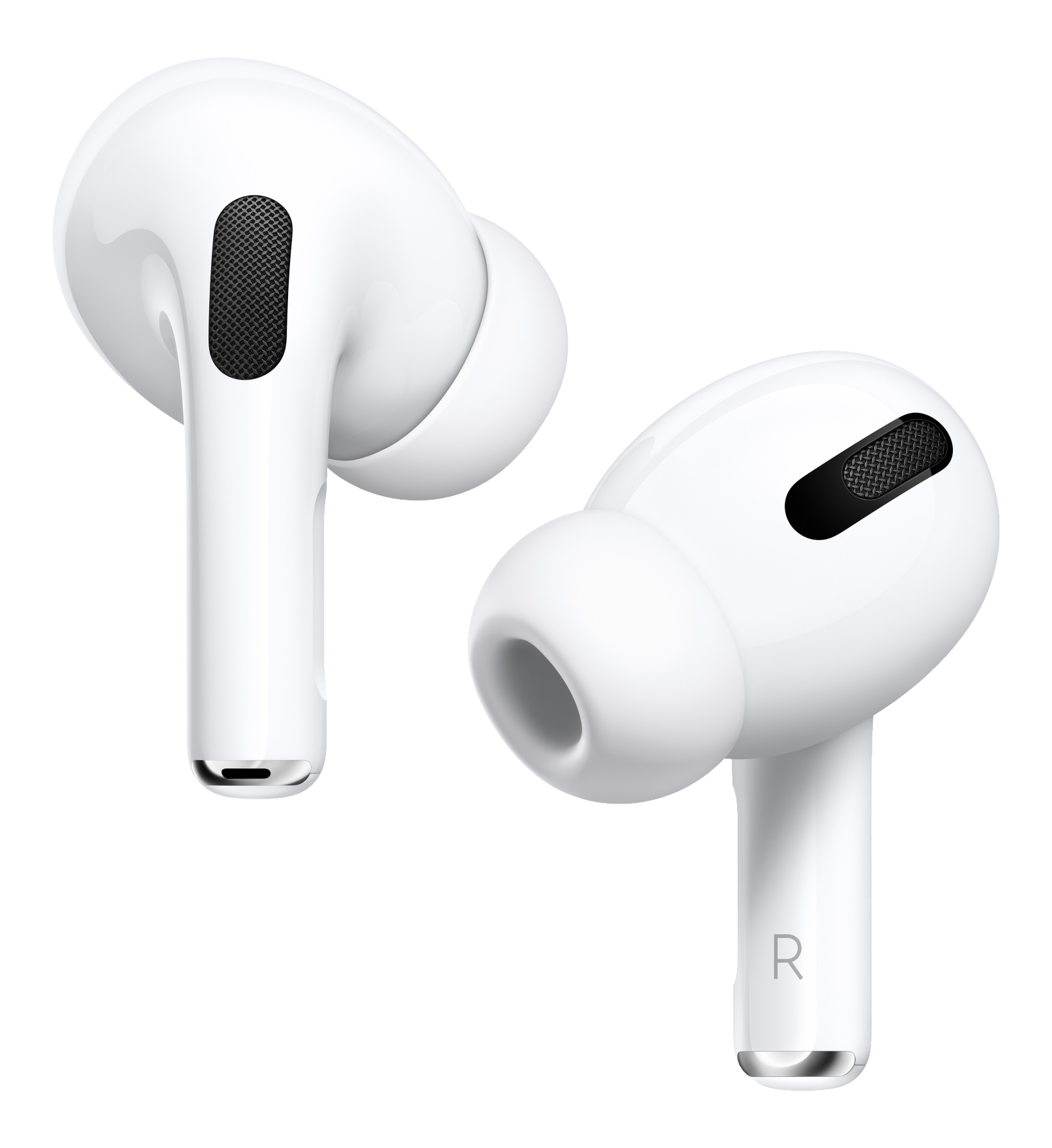 Zwei weiße AirPods Pro auf schwarzem Hintergrund. Jedes hat einen abgerundeten Körper, einen kleinen Stiel und eine schwarze Mesh-Öffnung.