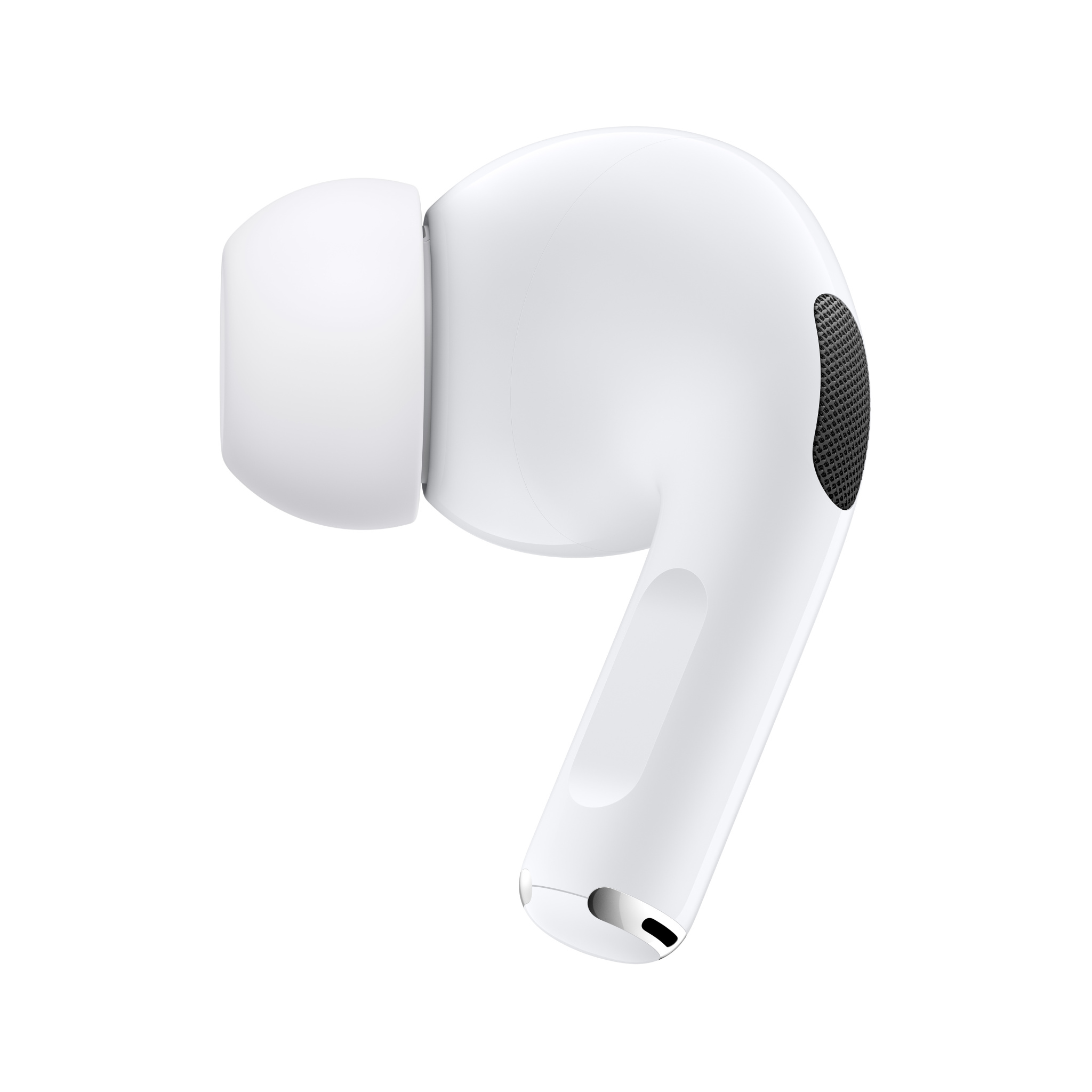 Ein weißer Apple AirPod Pro-Ohrhörer. Er zeigt den Ohrstöpsel, den Hauptkörper mit Lautsprechergitter und den Stiel.
