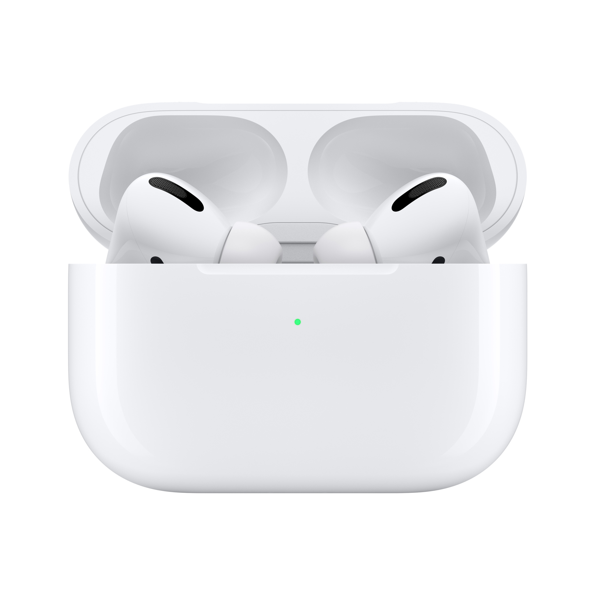 Weiße AirPods Pro in einem geöffneten Ladekoffer. Zwei Ohrhörer sind sichtbar, und das Etui hat ein grünes Licht.