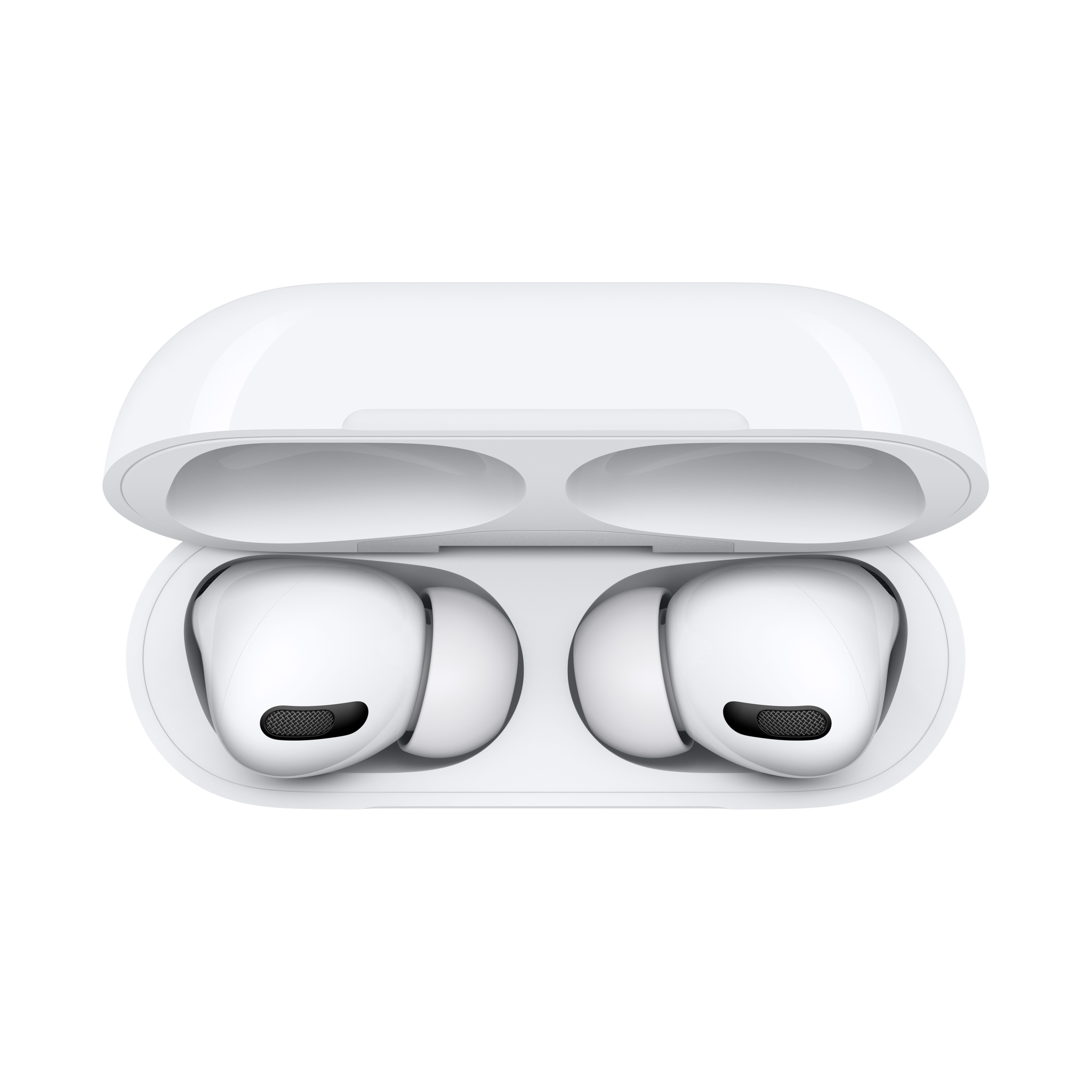 Weiße AirPods Pro in einem offenen Ladecase. Zwei Ohrhörer sind innen, nach oben zeigend. Der Hintergrund ist weiß.