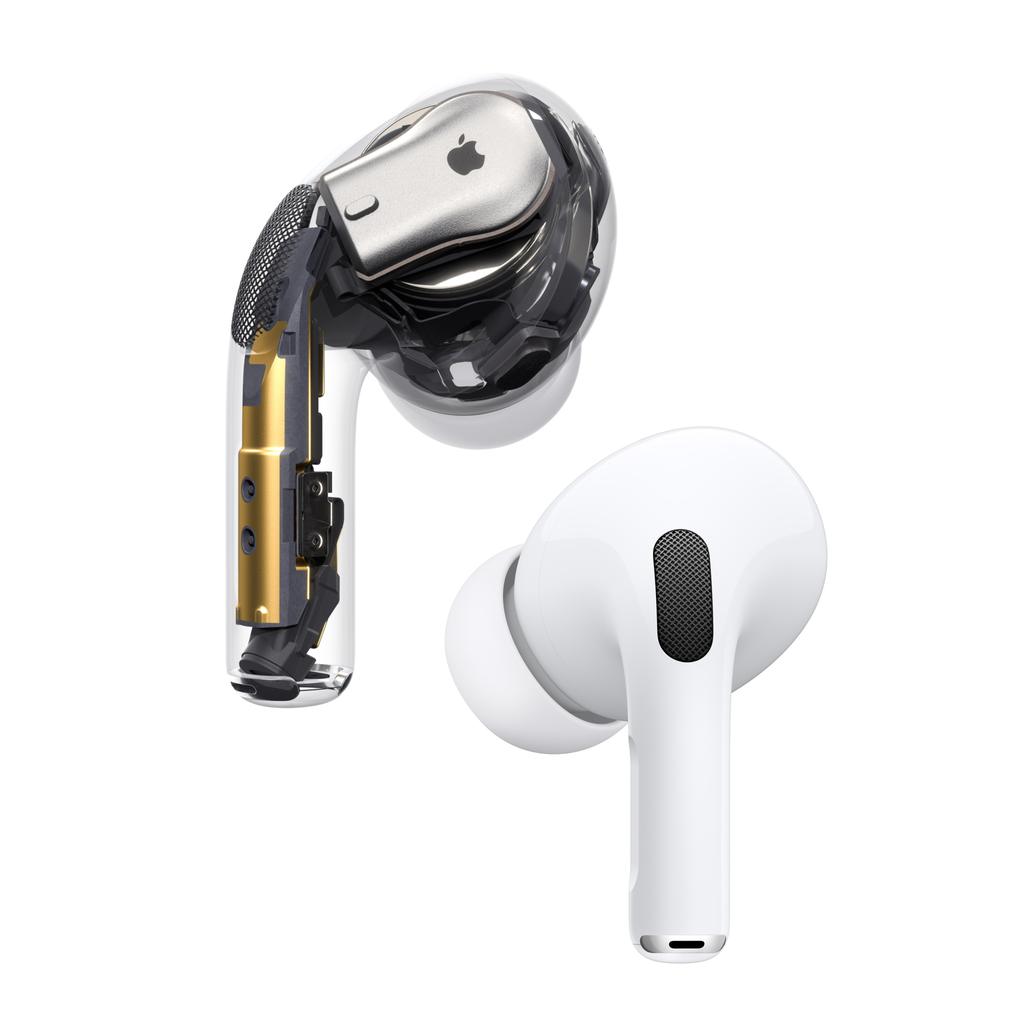 Zwei Apple AirPods, einer im Querschnitt. Einer zeigt die inneren Komponenten, der andere ist ganz. Beide sind weiß mit schwarzem Mesh.