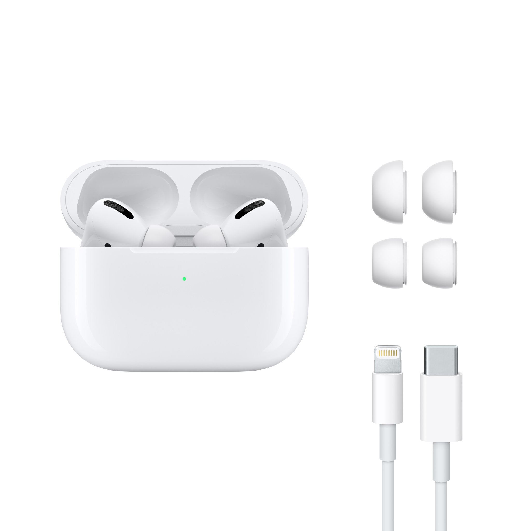Weiße AirPods Pro, Gehäuse offen mit Ohrhörern, zusätzlichen Spitzen und zwei weißen Ladekabeln mit Lightning- und USB-C-Anschlüssen.